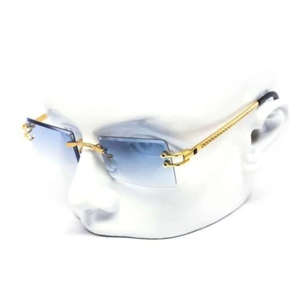 Rimless Sunglasses Men Rectangle Blue‎ Lens Gold Accents Fashion Shades Lentes